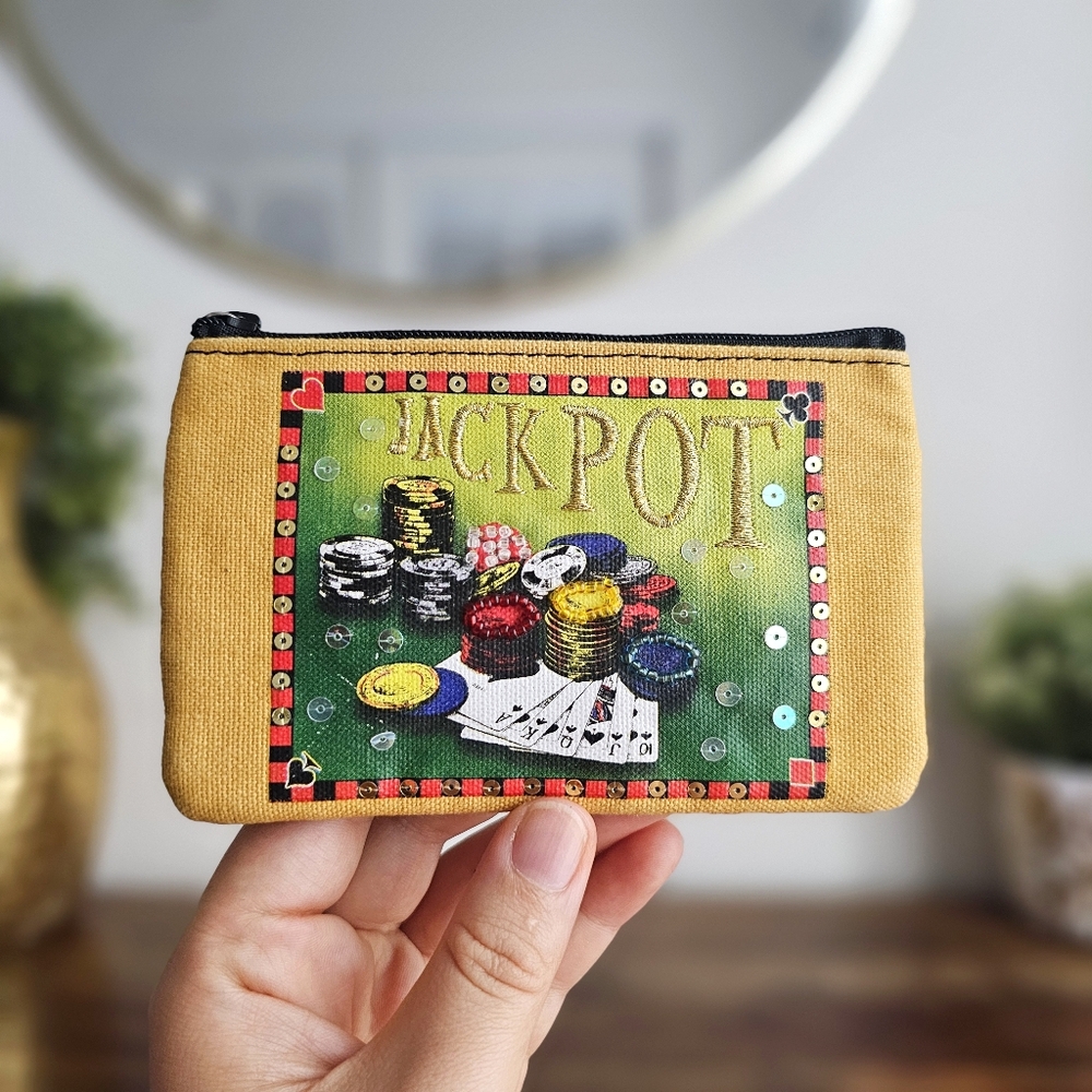 Rolfs Jackpot Genuine Leather Coin Poker Purse Keychain Wallet Sequins Beaded